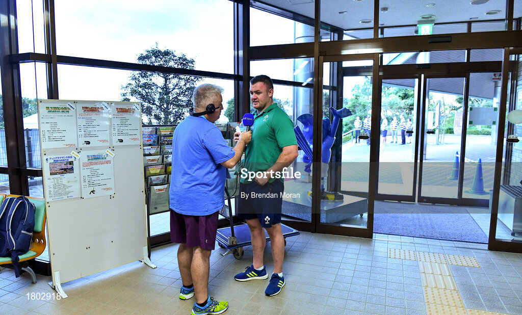 24 September 2019; Dave Kilcoyne is interviewed by Michael Corcoran of RTE radio during an Ireland Rugby press conference at the Yumeria Sports Grounds in Iwata, Shizuoka Prefecture, Japan. Photo by Brendan Moran/Sportsfile
