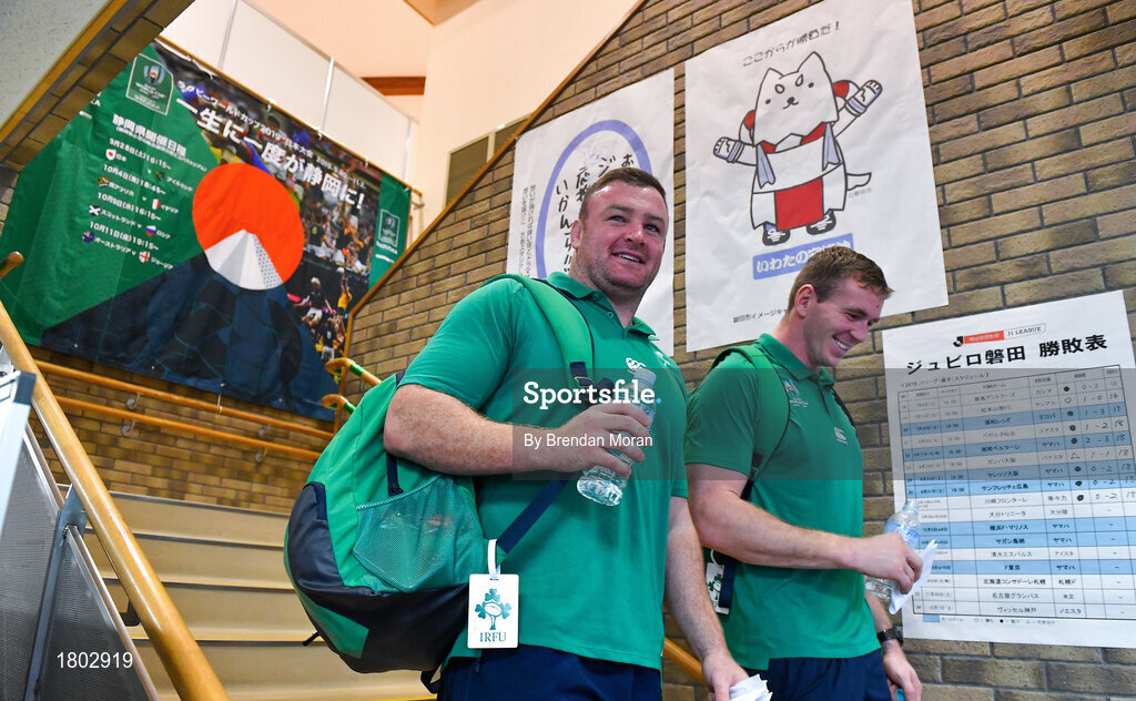 24 September 2019; Dave Kilcoyne, left, and Chris Farrell leave after an Ireland Rugby press conference at the Yumeria Sports Grounds in Iwata, Shizuoka Prefecture, Japan. Photo by Brendan Moran/Sportsfile