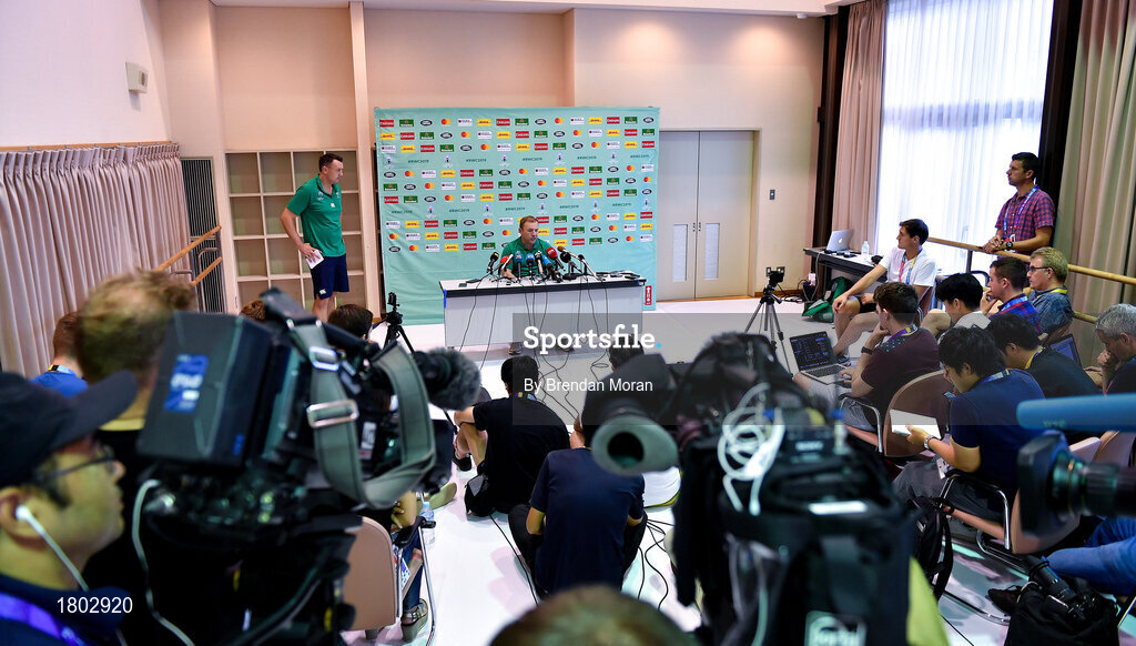 24 September 2019; Kicking coach Richie Murphy speaks to the media during an Ireland Rugby press conference at the Yumeria Sports Grounds in Iwata, Shizuoka Prefecture, Japan. Photo by Brendan Moran/Sportsfile