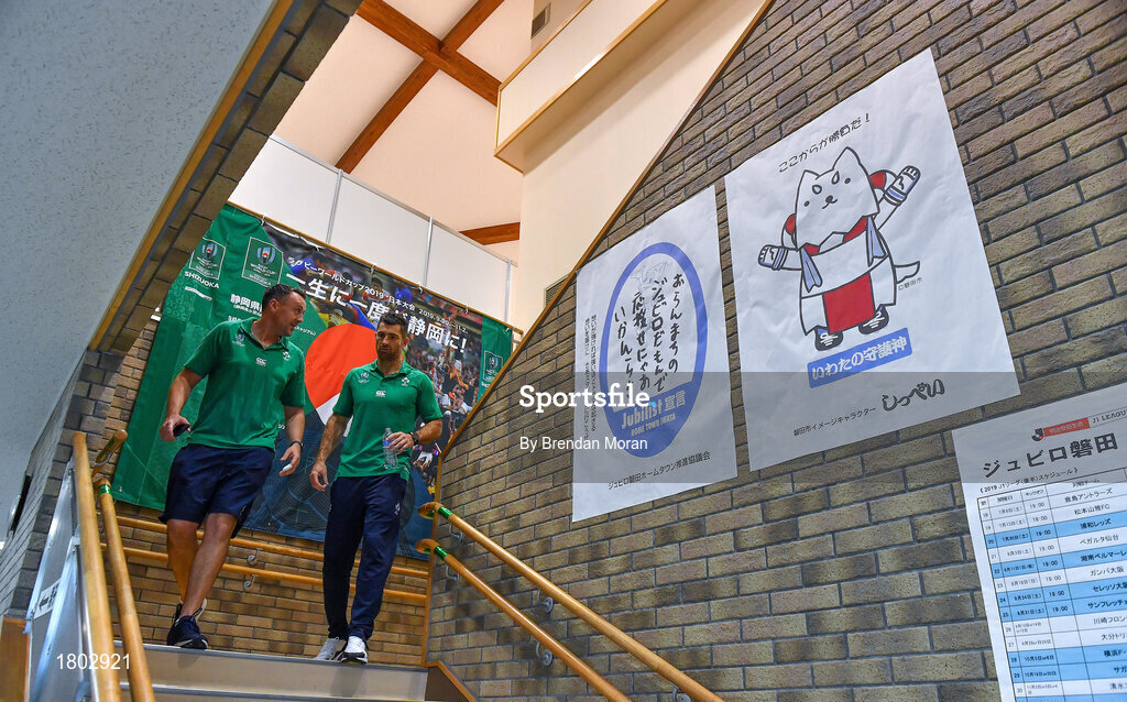 24 September 2019; Rob Kearney, right, and team media manager David O Siochain leave after an Ireland Rugby press conference at the Yumeria Sports Grounds in Iwata, Shizuoka Prefecture, Japan. Photo by Brendan Moran/Sportsfile