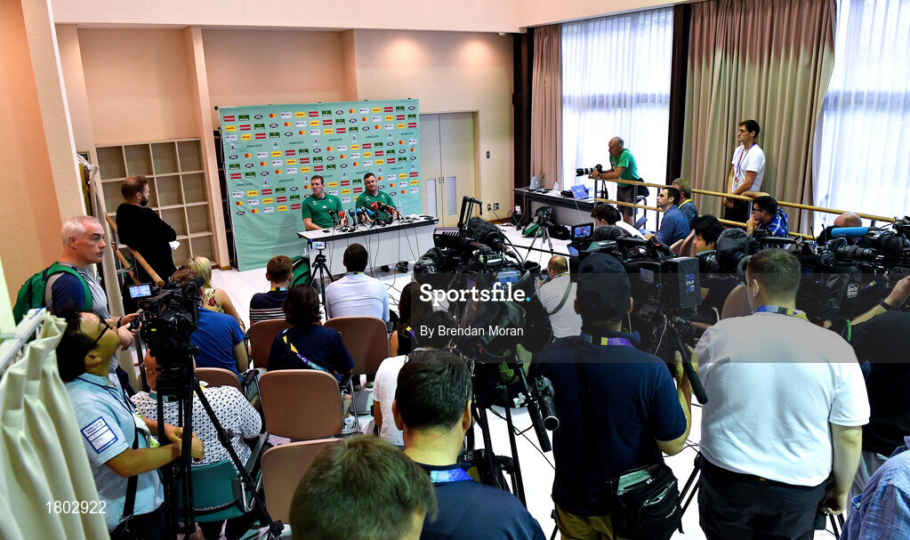 24 September 2019; Chris Farrell, left, and Dave Kilcoyne speak to the media during an Ireland Rugby press conference at the Yumeria Sports Grounds in Iwata, Shizuoka Prefecture, Japan. Photo by Brendan Moran/Sportsfile