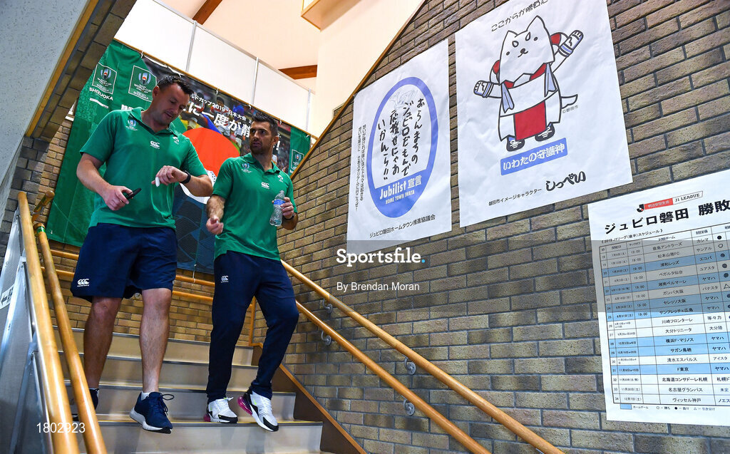 24 September 2019; Rob Kearney, right, and team media manager David O Siochain leave after an Ireland Rugby press conference at the Yumeria Sports Grounds in Iwata, Shizuoka Prefecture, Japan. Photo by Brendan Moran/Sportsfile