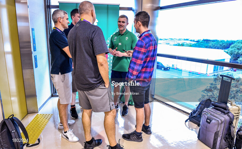 24 September 2019; Keith Earls speaks to the media during an Ireland Rugby press conference at the Yumeria Sports Grounds in Iwata, Shizuoka Prefecture, Japan. Photo by Brendan Moran/Sportsfile