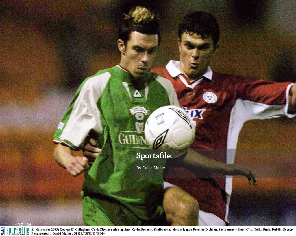 21 November 2003; George O' Callaghan, Cork City, in action against Kevin Doherty, Shelbourne.  eircom league Premier Division, Shelbourne v Cork City, Tolka Park, Dublin. Soccer. Picture credit; David Maher / SPORTSFILE *EDI*