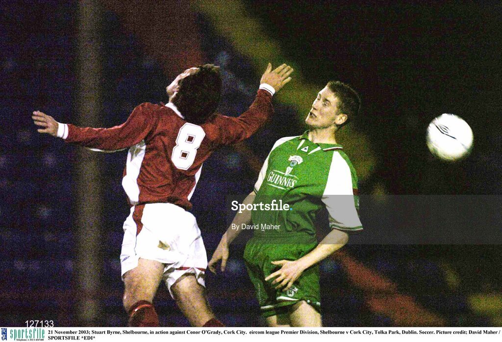 21 November 2003; Stuart Byrne, Shelbourne, in action against Conor O'Grady, Cork City.  eircom league Premier Division, Shelbourne v Cork City, Tolka Park, Dublin. Soccer. Picture credit; David Maher / SPORTSFILE *EDI*