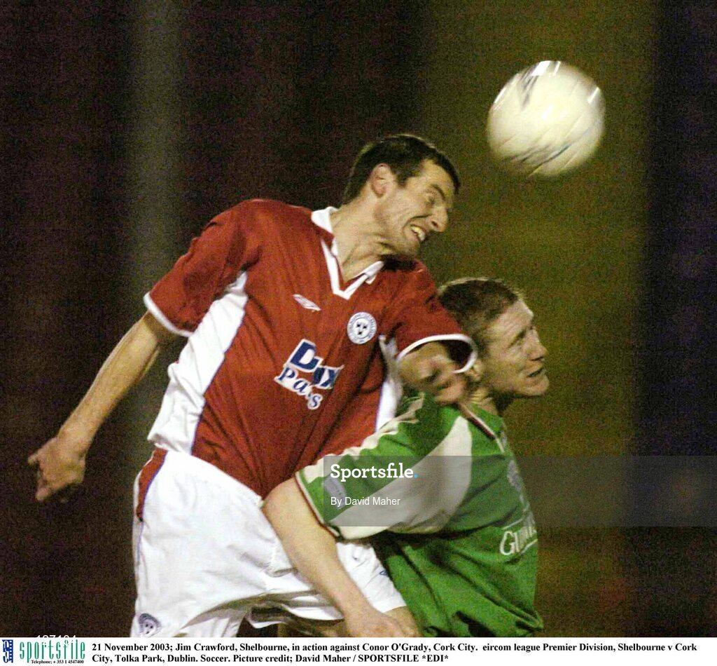 21 November 2003; Jim Crawford, Shelbourne, in action against Conor O'Grady, Cork City.  eircom league Premier Division, Shelbourne v Cork City, Tolka Park, Dublin. Soccer. Picture credit; David Maher / SPORTSFILE *EDI*