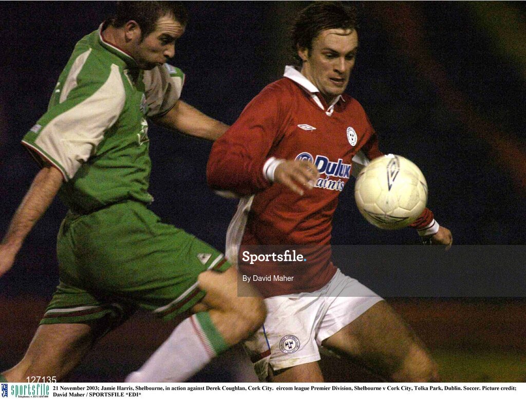 21 November 2003; Jamie Harris, Shelbourne, in action against Derek Coughlan, Cork City.  eircom league Premier Division, Shelbourne v Cork City, Tolka Park, Dublin. Soccer. Picture credit; David Maher / SPORTSFILE *EDI*