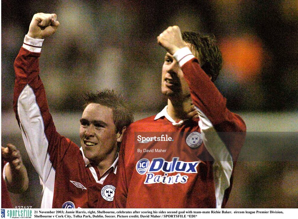 21 November 2003; Jamie Harris, right, Shelbourne, celebrates after scoring his sides second goal with team-mate Richie Baker.  eircom league Premier Division, Shelbourne v Cork City, Tolka Park, Dublin. Soccer. Picture credit; David Maher / SPORTSFILE *EDI*