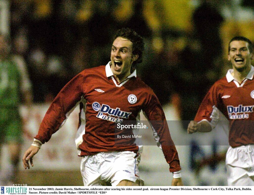 21 November 2003; Jamie Harris, Shelbourne, celebrates after scoring his sides second goal.  eircom league Premier Division, Shelbourne v Cork City, Tolka Park, Dublin. Soccer. Picture credit; David Maher / SPORTSFILE *EDI*