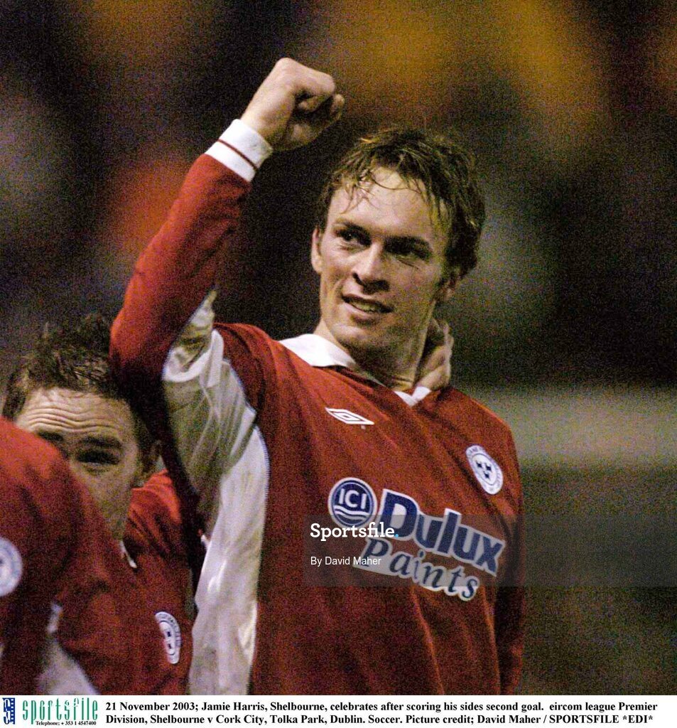 21 November 2003; Jamie Harris, Shelbourne, celebrates after scoring his sides second goal.  eircom league Premier Division, Shelbourne v Cork City, Tolka Park, Dublin. Soccer. Picture credit; David Maher / SPORTSFILE *EDI*