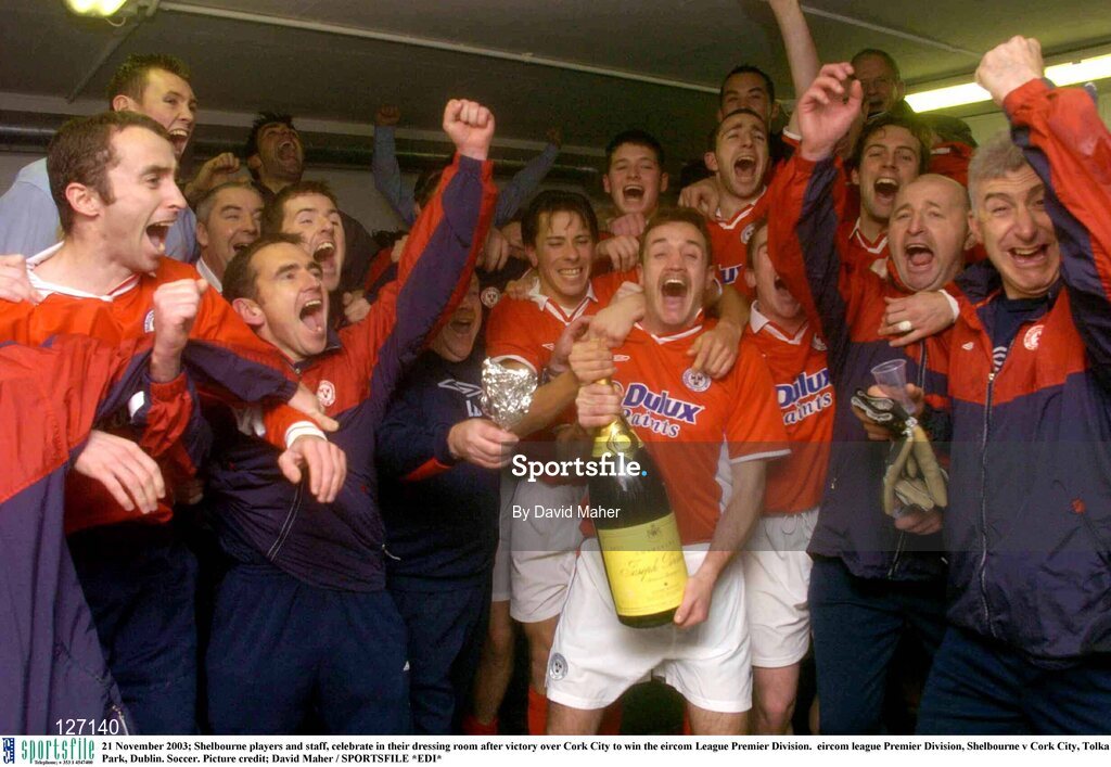 21 November 2003; Shelbourne players and staff, celebrate in their dressing room after victory over Cork City to win the eircom League Premier Division.  eircom league Premier Division, Shelbourne v Cork City, Tolka Park, Dublin. Soccer. Picture credit; David Maher / SPORTSFILE *EDI*