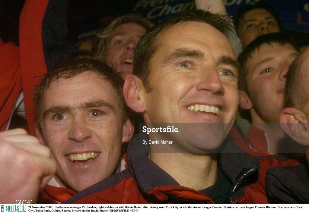 21 November 2003;  Shelbourne manager Pat Fenlon, right, celebrates with Richie Baker after victory over Cork City to win the eircom League Premier Division.  eircom league Premier Division, Shelbourne v Cork City, Tolka Park, Dublin. Soccer. Picture credit; David Maher / SPORTSFILE *EDI*