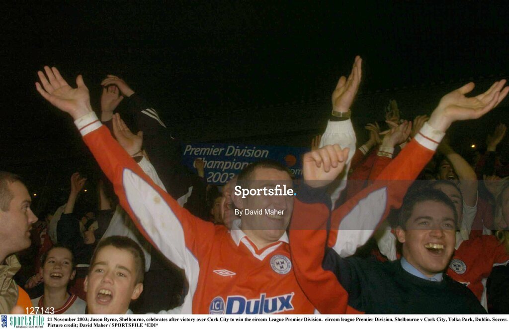 21 November 2003; Jason Byrne, Shelbourne, celebrates after victory over Cork City to win the eircom League Premier Division.  eircom league Premier Division, Shelbourne v Cork City, Tolka Park, Dublin. Soccer. Picture credit; David Maher / SPORTSFILE *EDI*
