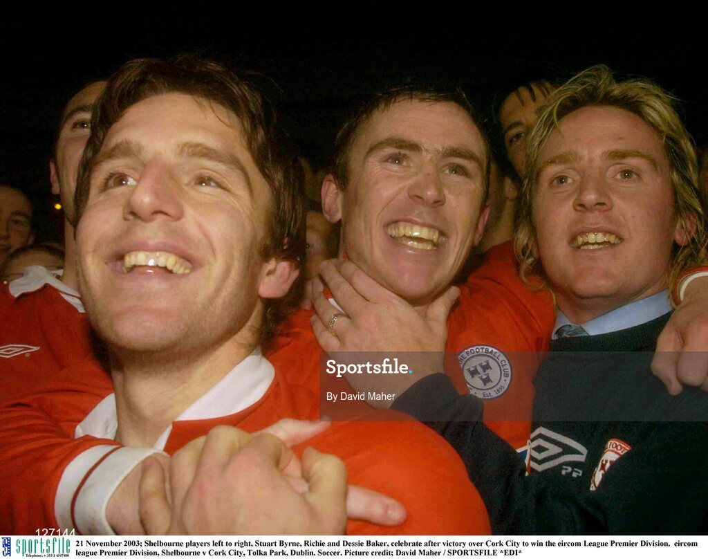 21 November 2003; Shelbourne players left to right, Stuart Byrne, Richie and Dessie Baker, celebrate after victory over Cork City to win the eircom League Premier Division.  eircom league Premier Division, Shelbourne v Cork City, Tolka Park, Dublin. Soccer. Picture credit; David Maher / SPORTSFILE *EDI*
