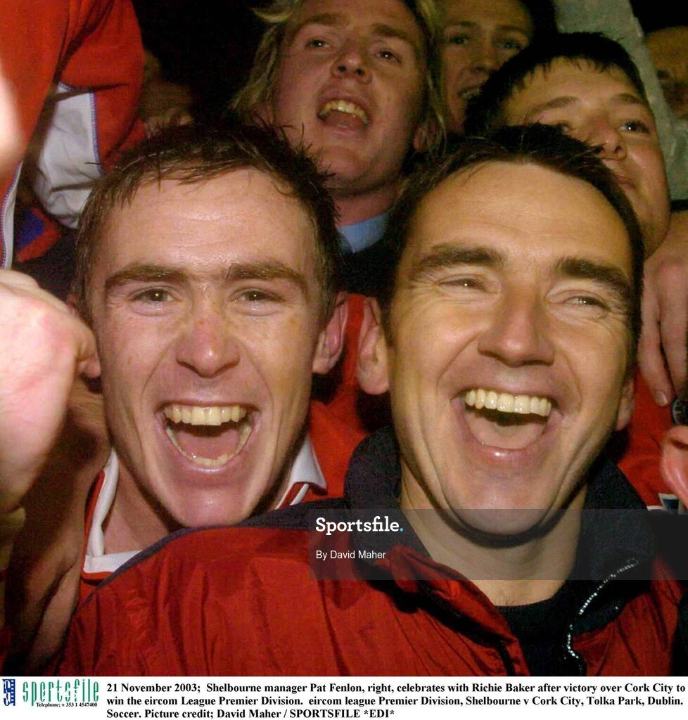 21 November 2003;  Shelbourne manager Pat Fenlon, right, celebrates with Richie Baker after victory over Cork City to win the eircom League Premier Division.  eircom league Premier Division, Shelbourne v Cork City, Tolka Park, Dublin. Soccer. Picture credit; David Maher / SPORTSFILE *EDI*