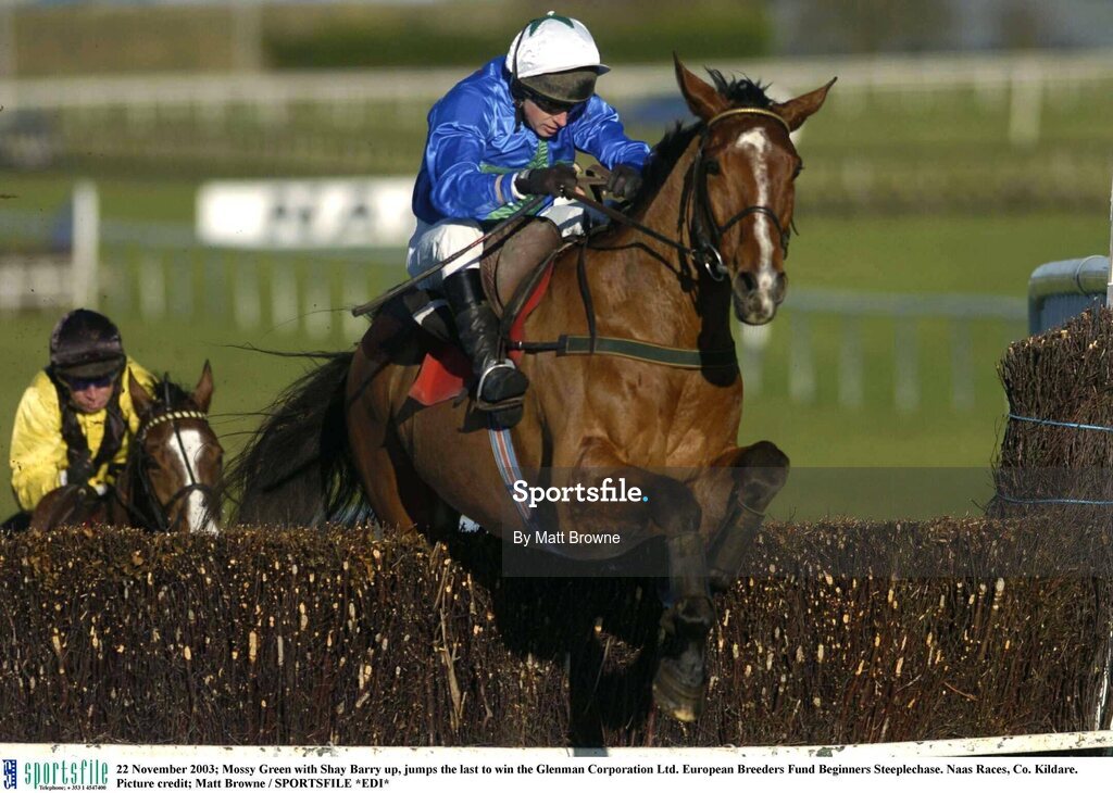 22 November 2003; Mossy Green with Shay Barry up, jumps the last on their way to winning the Glenman Corporation Ltd. European Breeders Fund Beginners Steeplechase. Naas Races, Co. Kildare. Picture credit; Matt Browne / SPORTSFILE *EDI*
