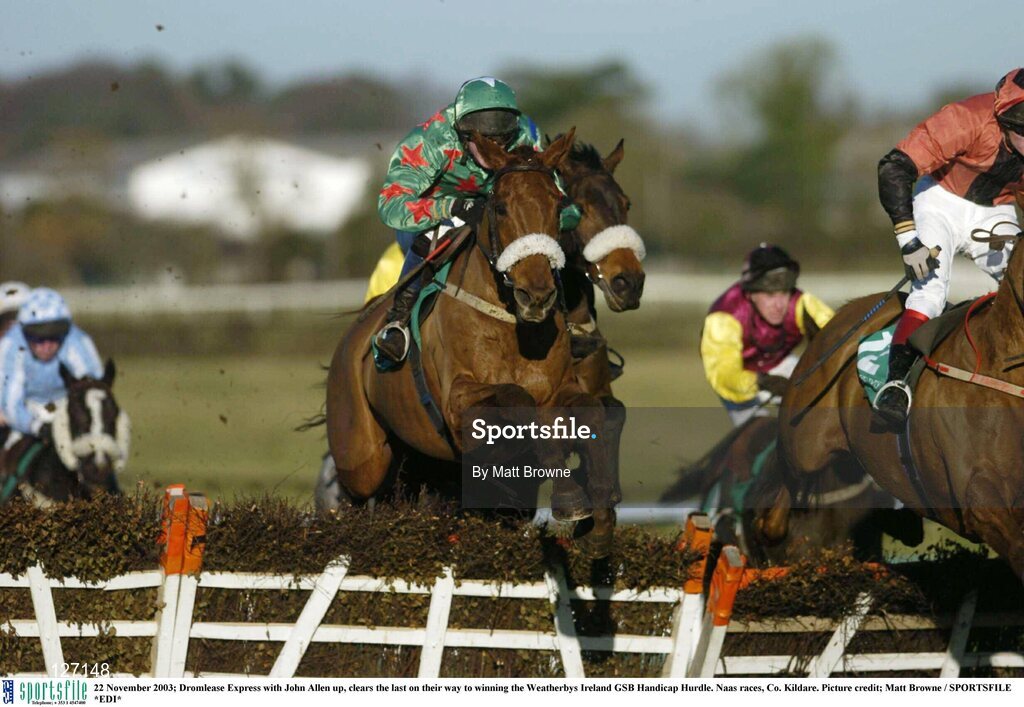 22 November 2003; Dromlease Express with John Allen up, clears the last on their way to winning the Weatherbys Ireland GSB Handicap Hurdle. Naas races, Co. Kildare. Picture credit; Matt Browne / SPORTSFILE *EDI*