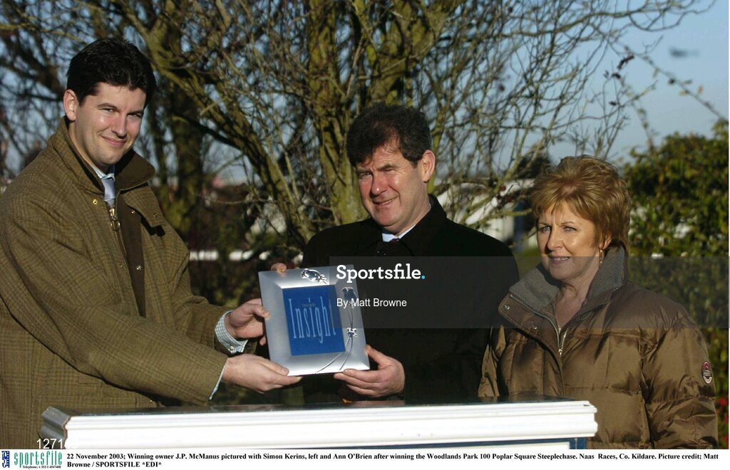 22 November 2003; Winning owner J.P. McManus pictured with Simon Kerins, left and Ann O'Brien after winning the Woodlands Park 100 Poplar Square Steeplechase. Naas  Races, Co. Kildare. Picture credit; Matt Browne / SPORTSFILE *EDI*