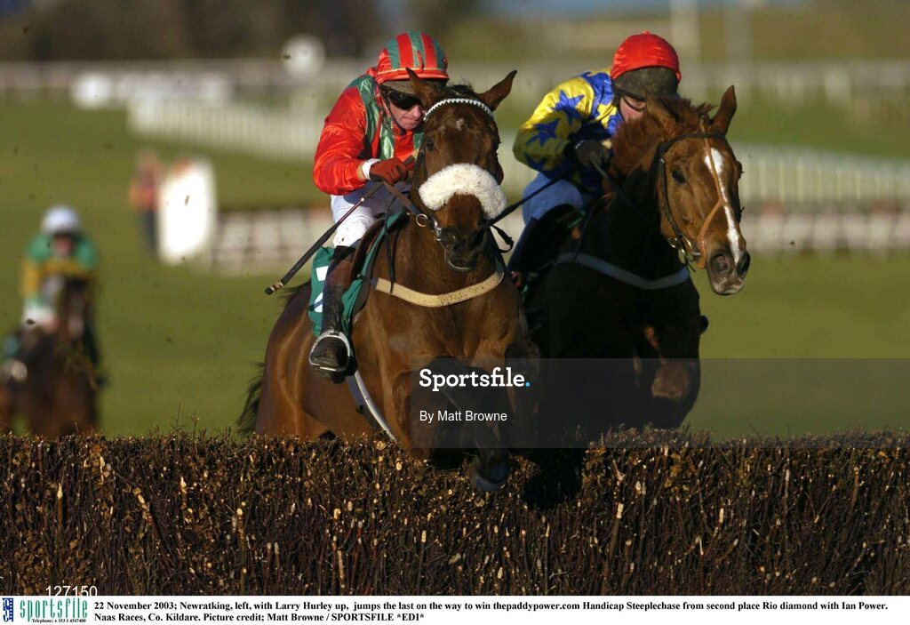 22 November 2003; Newratking, left, with Larry Hurley up,  jumps the last on the way to win thepaddypower.com Handicap Steeplechase from second place Rio diamond with Ian Power. Naas Races, Co. Kildare. Picture credit; Matt Browne / SPORTSFILE *EDI*