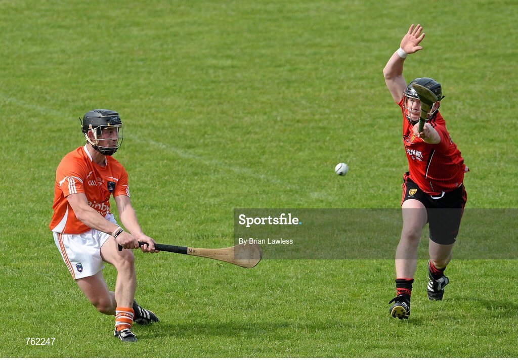 16 June 2013; Kieran McKernan, Armagh, in action against Eoin Clarke, Down. Ulster GAA Hurling Senior Championship Quarter-Final, Down v Armagh, Páirc Esler, Newry, Co. Down. Picture credit: Brian Lawless / SPORTSFILE