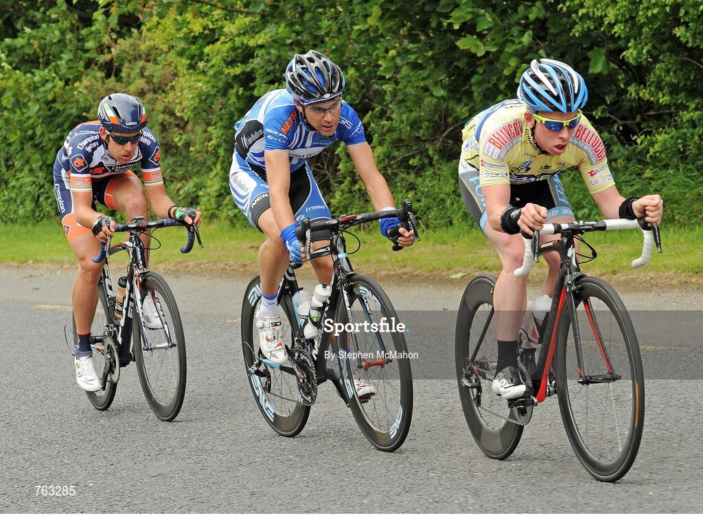 23 June 2013; Philip Lavery, Amicale Cycliste Bisontine, leads Philip Deignan, United Healthcare, and Matt Brammeier, Champion Systems Pro Cycling Team, during the Elite Men's National Road Race Championships. 2013 National Road Race Championships, Carlingford, Co. Louth. Picture credit: Stephen McMahon / SPORTSFILE