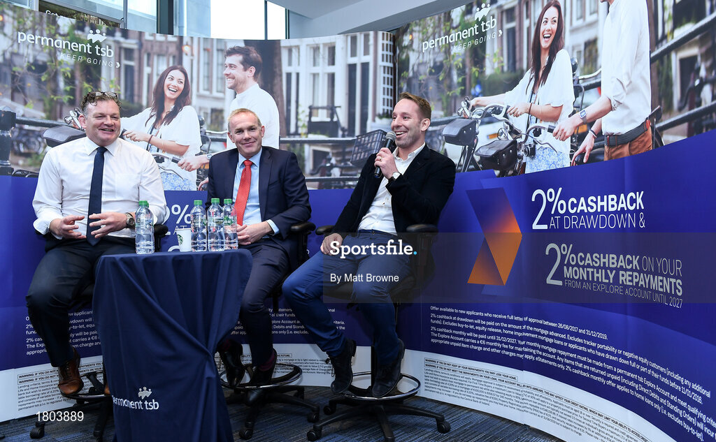 27 September 2019; Former Munster and Ireland players Tomas O'Leary, John Kelly and David Corkery in attendance at the Permanent TSB Rugby World Cup Charity Breakfast in aid of the International Mixed Ability Rugby Tournament in Permanent TSB Blackpool Branch, Cork. Photo by Matt Browne/Sportsfile