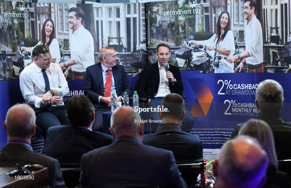 27 September 2019; Former Munster and Ireland players Tomas O'Leary, John Kelly and David Corkery in attendance at the Permanent TSB Rugby World Cup Charity Breakfast in aid of the International Mixed Ability Rugby Tournament in Permanent TSB Blackpool Branch, Cork. Photo by Matt Browne/Sportsfile