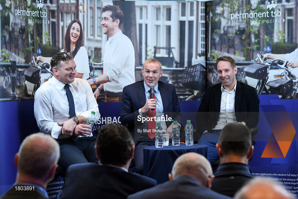 27 September 2019; Former Munster and Ireland players John Kelly, centre, with David Corkery left and Tomas O'Leary in attendance at the Permanent TSB Rugby World Cup Charity Breakfast in aid of the International Mixed Ability Rugby Tournament in Permanent TSB Blackpool Branch, Cork. Photo by Matt Browne/Sportsfile