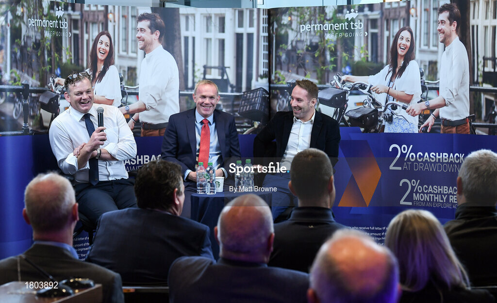 27 September 2019; Former Munster and Ireland players  David Corkery, John Kelly and Tomas O'Leary in attendance at the Permanent TSB Rugby World Cup Charity Breakfast in aid of the International Mixed Ability Rugby Tournament in Permanent TSB Blackpool Branch, Cork. Photo by Matt Browne/Sportsfile