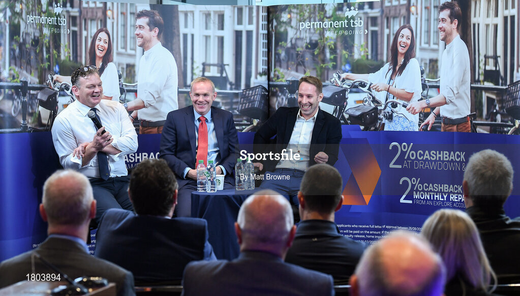 27 September 2019; Former Munster and Ireland players  David Corkery, John Kelly and Tomas O'Leary in attendance at the Permanent TSB Rugby World Cup Charity Breakfast in aid of the International Mixed Ability Rugby Tournament in Permanent TSB Blackpool Branch, Cork. Photo by Matt Browne/Sportsfile