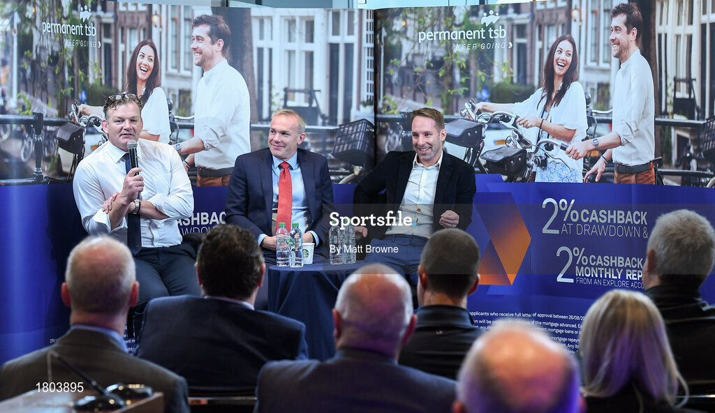 27 September 2019; Former Munster and Ireland players  David Corkery, John Kelly and Tomas O'Leary in attendance at the Permanent TSB Rugby World Cup Charity Breakfast in aid of the International Mixed Ability Rugby Tournament in Permanent TSB Blackpool Branch, Cork. Photo by Matt Browne/Sportsfile
