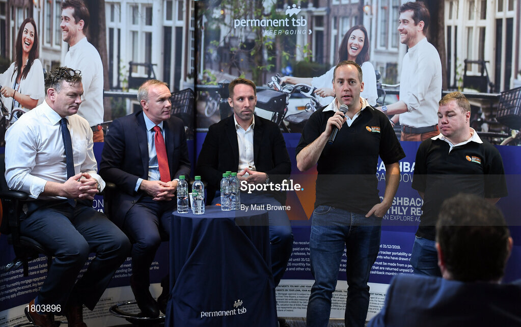 27 September 2019; Alan Craughwell and James Healy from Mixed Ability Rugby with former Munster and Ireland players David Corkery, John Kelly and Tomas O'Leary in attendance at the Permanent TSB Rugby World Cup Charity Breakfast in aid of the International Mixed Ability Rugby Tournament in Permanent TSB Blackpool Branch, Cork. Photo by Matt Browne/Sportsfile