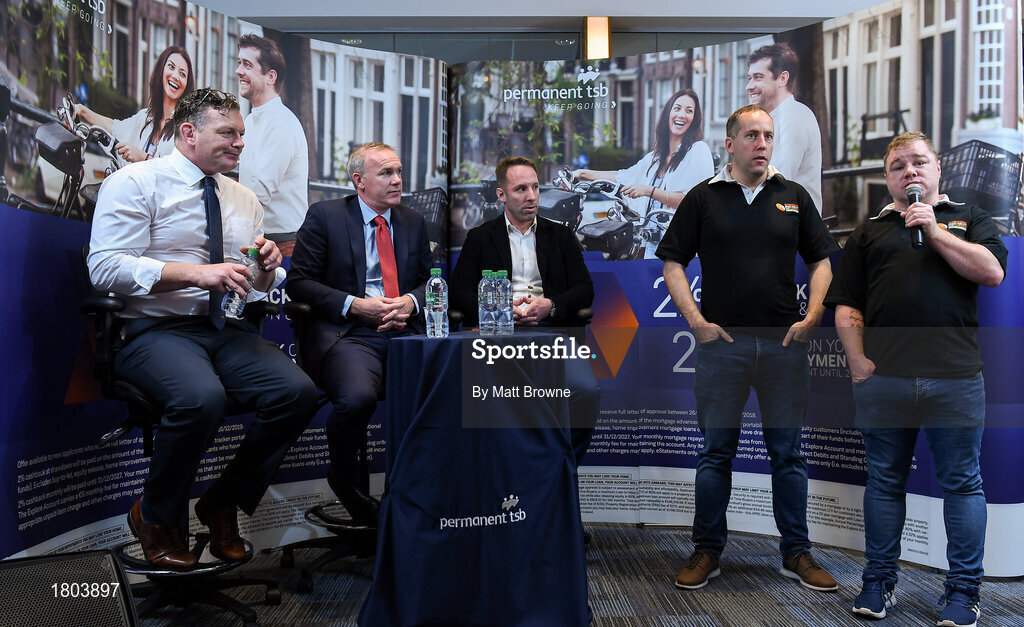 27 September 2019; James Healy and Alan Craughwell from Mixed Ability Rugby with former Munster and Ireland players David Corkery, John Kelly and Tomas O'Leary in attendance at the Permanent TSB Rugby World Cup Charity Breakfast in aid of the International Mixed Ability Rugby Tournament in Permanent TSB Blackpool Branch, Cork. Photo by Matt Browne/Sportsfile