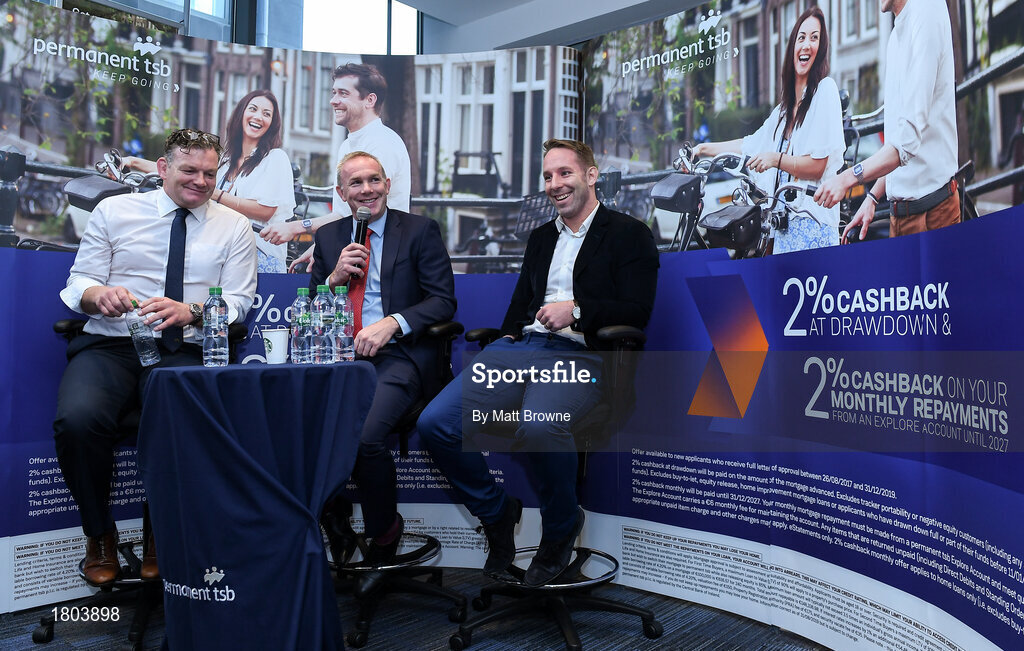 27 September 2019; Former Munster and Ireland players John Kelly, centre, with David Corkery left and Tomas O'Leary in attendance at the Permanent TSB Rugby World Cup Charity Breakfast in aid of the International Mixed Ability Rugby Tournament in Permanent TSB Blackpool Branch, Cork. Photo by Matt Browne/Sportsfile