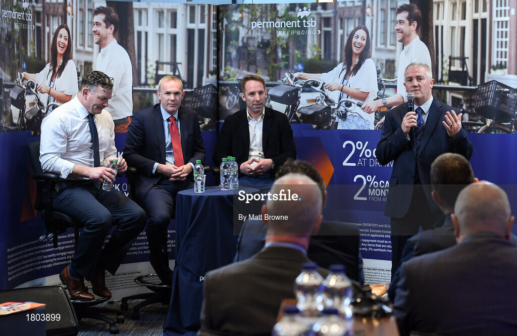 27 September 2019; Declan O'Connor Branch manager of Permanent TSB Blackpool with former Munster and Ireland players Tomas O'Leary, John Kelly and David Corkery in attendance at the Permanent TSB Rugby World Cup Charity Breakfast in aid of the International Mixed Ability Rugby Tournament in Permanent TSB Blackpool Branch, Cork. Photo by Matt Browne/Sportsfile