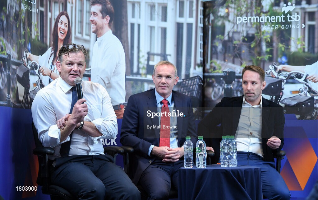 27 September 2019; Former Munster and Ireland players  David Corkery, John Kelly and Tomas O'Leary in attendance at the Permanent TSB Rugby World Cup Charity Breakfast in aid of the International Mixed Ability Rugby Tournament in Permanent TSB Blackpool Branch, Cork. Photo by Matt Browne/Sportsfile