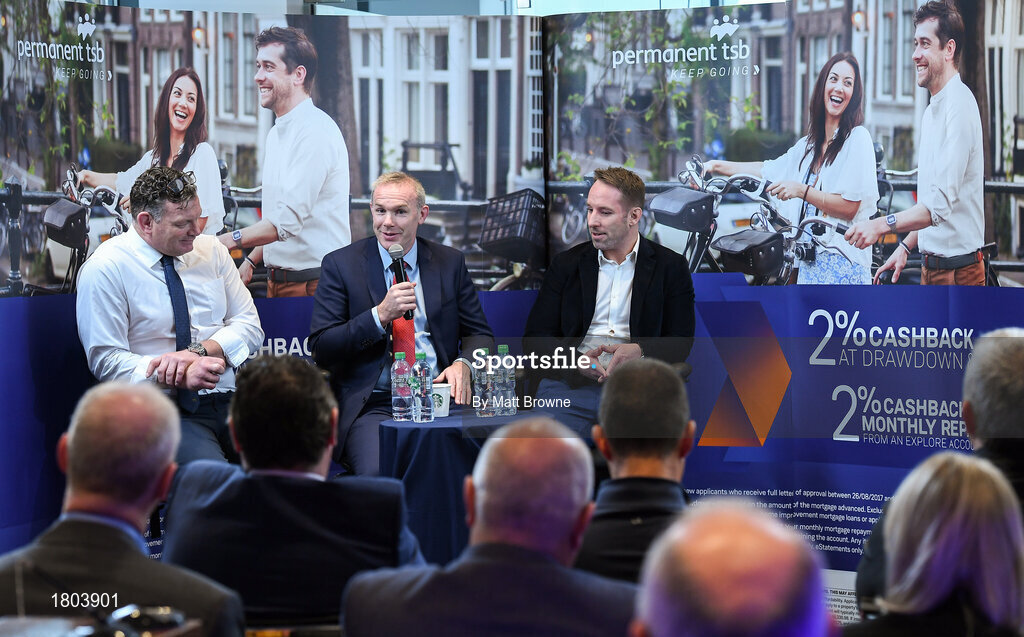 27 September 2019; Former Munster and Ireland players John Kelly, centre, with David Corkery left and Tomas O'Leary in attendance at the Permanent TSB Rugby World Cup Charity Breakfast in aid of the International Mixed Ability Rugby Tournament in Permanent TSB Blackpool Branch, Cork. Photo by Matt Browne/Sportsfile