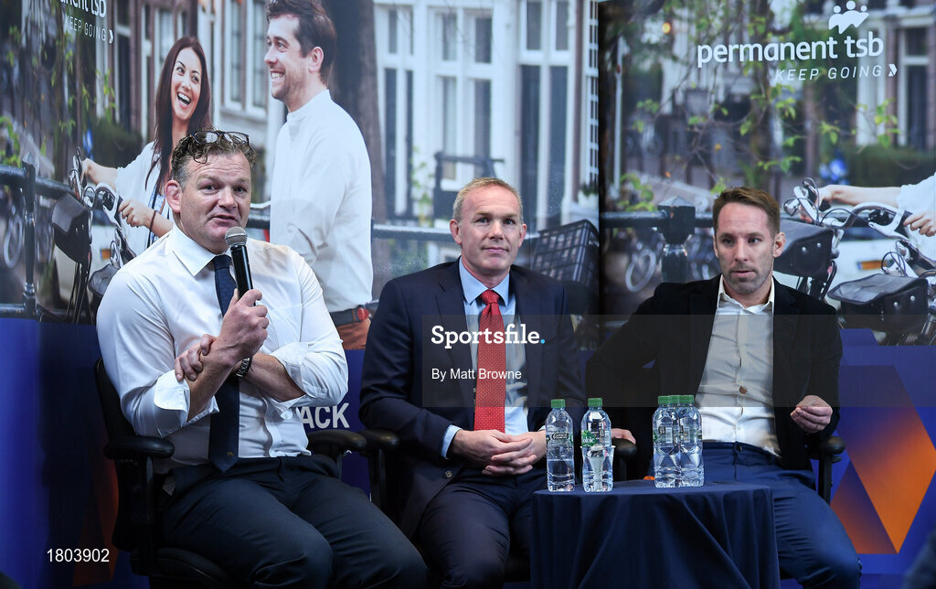 27 September 2019; Former Munster and Ireland players  David Corkery, John Kelly and Tomas O'Leary in attendance at the Permanent TSB Rugby World Cup Charity Breakfast in aid of the International Mixed Ability Rugby Tournament in Permanent TSB Blackpool Branch, Cork. Photo by Matt Browne/Sportsfile