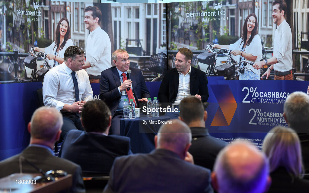 27 September 2019; Former Munster and Ireland players John Kelly, centre, with David Corkery left and Tomas O'Leary in attendance at the Permanent TSB Rugby World Cup Charity Breakfast in aid of the International Mixed Ability Rugby Tournament in Permanent TSB Blackpool Branch, Cork. Photo by Matt Browne/Sportsfile