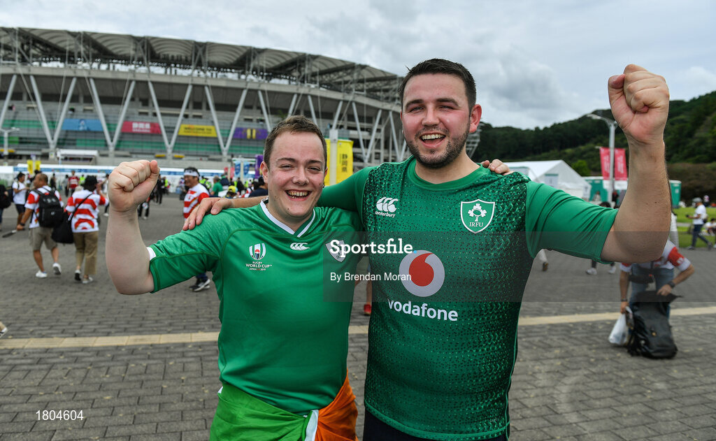 28 September 2019; Ireland supporters John Joe Dunne, left, and Christopher McDonagh, from Galway, prior to the 2019 Rugby World Cup Pool A match between Japan and Ireland at the Shizuoka Stadium Ecopa in Fukuroi, Shizuoka Prefecture, Japan. Photo by Brendan Moran/Sportsfile