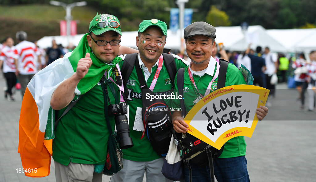 28 September 2019; Japanese Irish supporters prior to the 2019 Rugby World Cup Pool A match between Japan and Ireland at the Shizuoka Stadium Ecopa in Fukuroi, Shizuoka Prefecture, Japan. Photo by Brendan Moran/Sportsfile