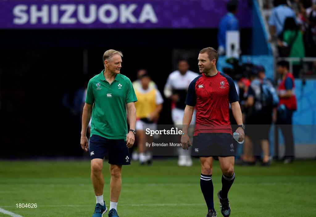 28 September 2019; Ireland head coach Joe Schmidt and referee Angus Gardner prior to the 2019 Rugby World Cup Pool A match between Japan and Ireland at the Shizuoka Stadium Ecopa in Fukuroi, Shizuoka Prefecture, Japan. Photo by Brendan Moran/Sportsfile