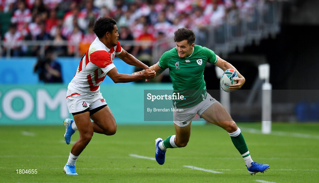 28 September 2019; Jacob Stockdale of Ireland in action against Ryohei Yamanaka of Japan during the 2019 Rugby World Cup Pool A match between Japan and Ireland at the Shizuoka Stadium Ecopa in Fukuroi, Shizuoka Prefecture, Japan. Photo by Brendan Moran/Sportsfile