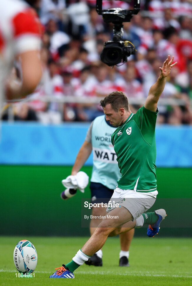 28 September 2019; Jack Carty of Ireland kicks a conversion during the 2019 Rugby World Cup Pool A match between Japan and Ireland at the Shizuoka Stadium Ecopa in Fukuroi, Shizuoka Prefecture, Japan. Photo by Brendan Moran/Sportsfile