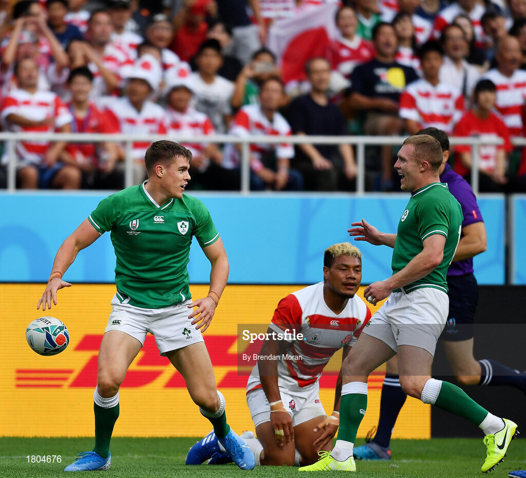 28 September 2019; Garry Ringrose is congratulated by his Ireland team-mate Keith Earls, right, after scoring his side's first try during the 2019 Rugby World Cup Pool A match between Japan and Ireland at the Shizuoka Stadium Ecopa in Fukuroi, Shizuoka Prefecture, Japan. Photo by Brendan Moran/Sportsfile
