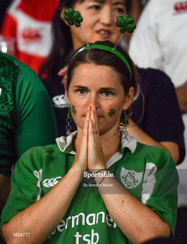 28 September 2019; An Ireland supporter reacts after the 2019 Rugby World Cup Pool A match between Japan and Ireland at the Shizuoka Stadium Ecopa in Fukuroi, Shizuoka Prefecture, Japan. Photo by Brendan Moran/Sportsfile