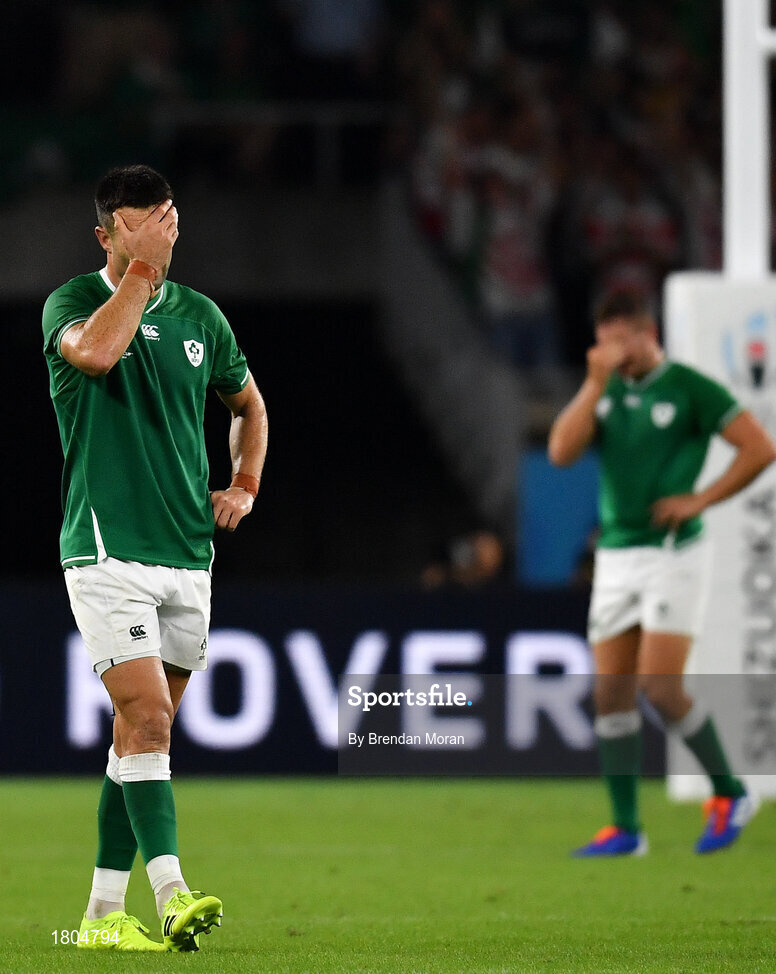 28 September 2019; Conor Murray, left, and Jordan Larmour of Ireland after the 2019 Rugby World Cup Pool A match between Japan and Ireland at the Shizuoka Stadium Ecopa in Fukuroi, Shizuoka Prefecture, Japan. Photo by Brendan Moran/Sportsfile