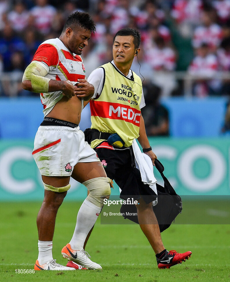 28 September 2019; Amanaki Lelei Mafi of Japan leaves the pitch with an injury during the 2019 Rugby World Cup Pool A match between Japan and Ireland at the Shizuoka Stadium Ecopa in Fukuroi, Shizuoka Prefecture, Japan. Photo by Brendan Moran/Sportsfile