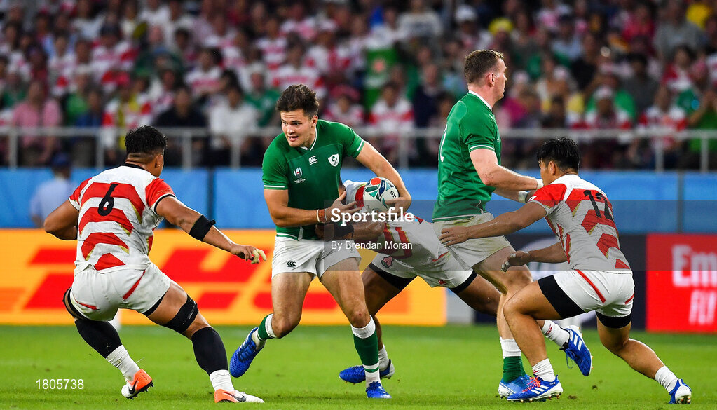 28 September 2019; Jacob Stockdale of Ireland attempts to get though the Japan defence during the 2019 Rugby World Cup Pool A match between Japan and Ireland at the Shizuoka Stadium Ecopa in Fukuroi, Shizuoka Prefecture, Japan. Photo by Brendan Moran/Sportsfile