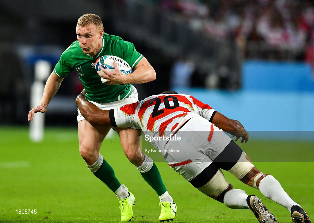 28 September 2019; Keith Earls of Ireland is tackled by Michael Leitch of Japan during the 2019 Rugby World Cup Pool A match between Japan and Ireland at the Shizuoka Stadium Ecopa in Fukuroi, Shizuoka Prefecture, Japan. Photo by Brendan Moran/Sportsfile